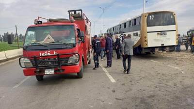 إصابة 17 طالب وطالبة إثر حادث تصادم أتوبيس جامعة حورس بطريق جمصة 
