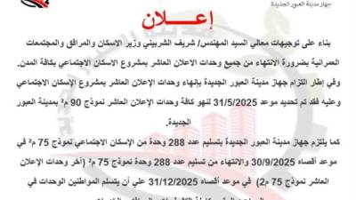 جهاز العبور الجديدة يحدد مواعيد تسليم وحدات الإسكان الاجتماعي