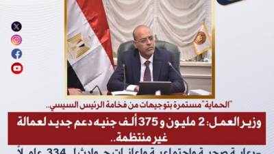 وزير العمل: 2 مليون و375 ألف جنيه دعم جديد للعمالة غير المنتظمة