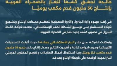 "خالدة" تحقق كشفًا للغاز بالصحراء الغربية بإنتاج 36 مليون قدم مكعب يوميًا