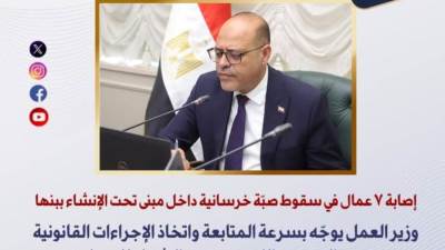 انهيار خرساني يصيب 7 عمال في بنها.. و”العمل” تتخذ إجراءات عاجلة