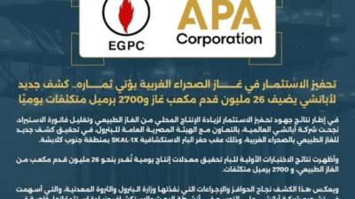 كشف جديد بالصحراء الغربية يضيف 26 مليون قدم مكعب غاز و2700 برميل متكثفات يوميًا