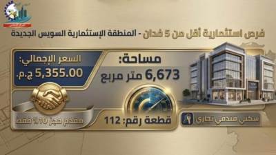 جهاز السويس الجديدة يطرح قطعة أرض رقم 112 بالمنطقة الاستثمارية بحي الاستثمار