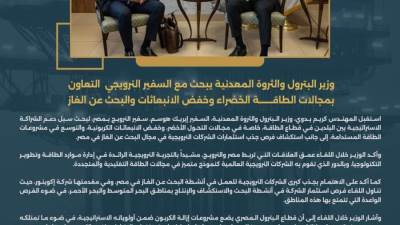 وزير البترول يبحث مع السفير النرويجي التعاون بمجالات الطاقة الخضراء والغاز