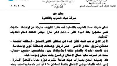 قطع مياه الشرب عن مناطق بمدينة نصر.. تعرف على التفاصيل