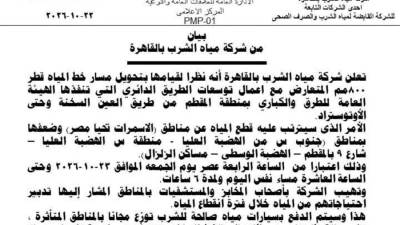 قطع المياه غدا بالأسمرات وضعفها بالمقطم 