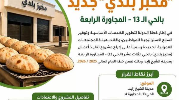 جهاز الشيخ زايد: موافقة رسمية على إنشاء مخبز بلدي جديد بالحي 13