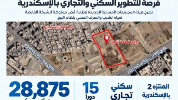 «المجتمعات العمرانية» تطرح فرصة استثمارية مميزة بالإسكندرية.. تعرف على التفاصيل